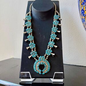 Native American squash blossom necklace turquoise signed BD.  photos